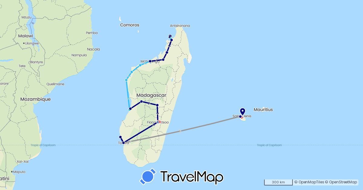 TravelMap itinerary: driving, plane, cycling, hiking, boat in France, Madagascar (Africa, Europe)